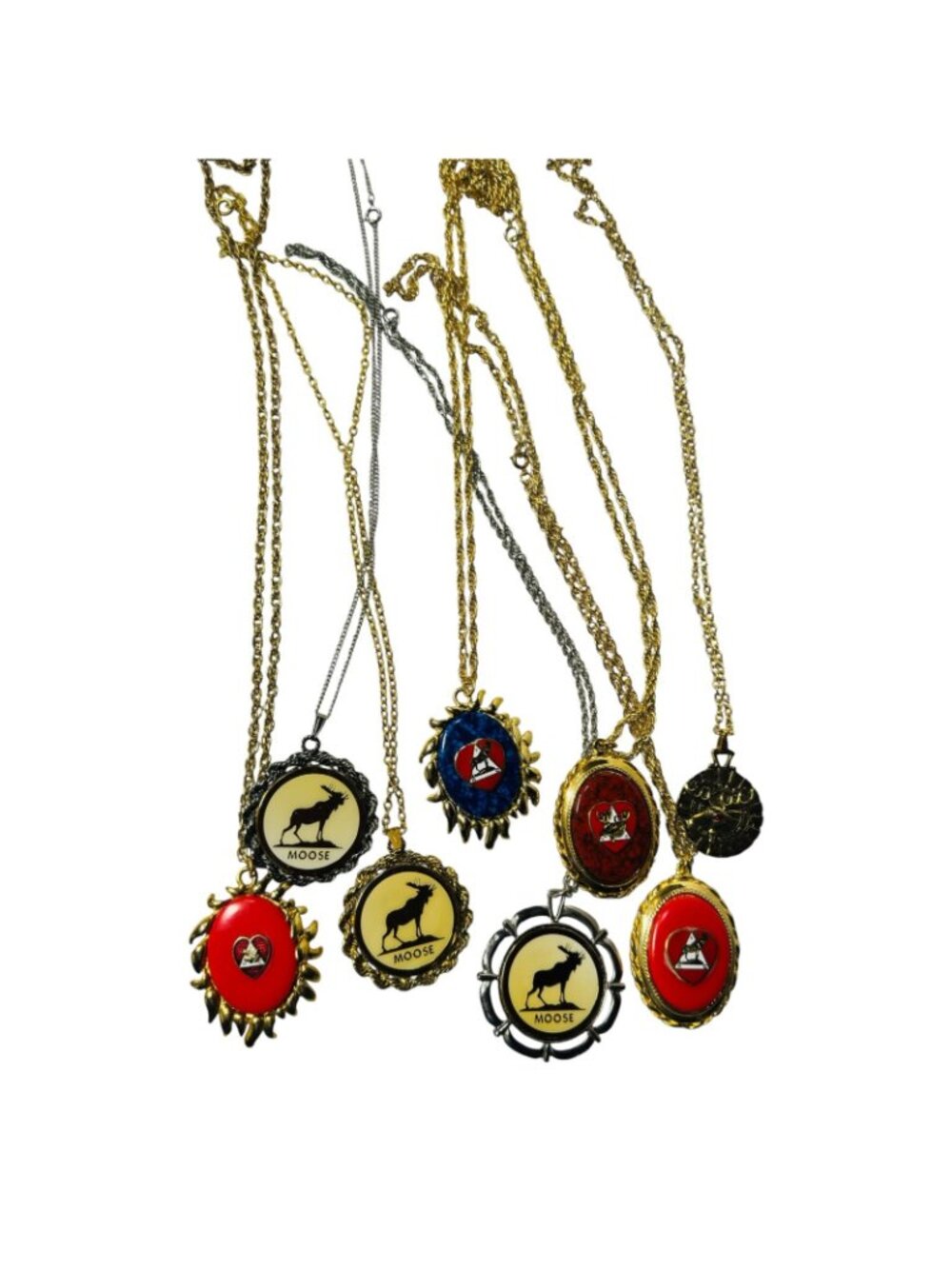 Vintage Moose Lodge Pendant Necklace Lot Fraternal Jewelry Red Blue Gold Tone - Picture 2 of 3